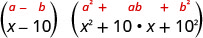 (a - b)(a^2 + ab + b^2) and (x - 10)(x^2 + 10 * x + 10^2) are shown, illustrating the difference of cubes factorization.